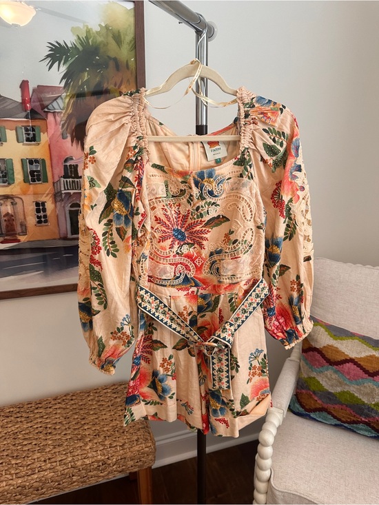 FARM Rio Pants - FARM Rio Peach Floral Embroidered Puff-Sleeve Romper